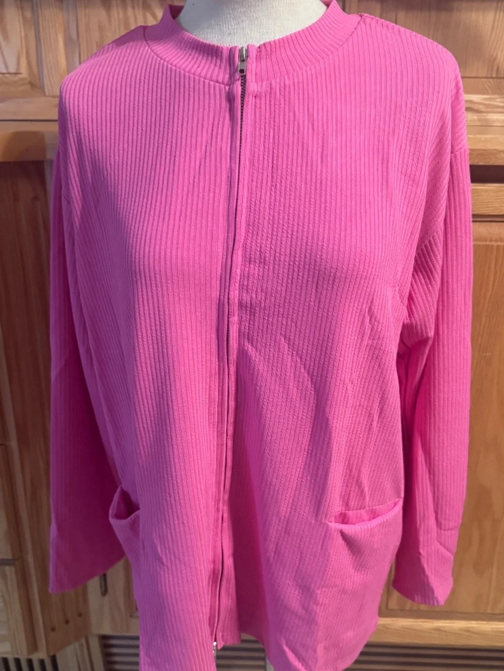 Women's Pink Ribbed Large Long Sleeve Zip Up Sweater With Pockets Classic Casual